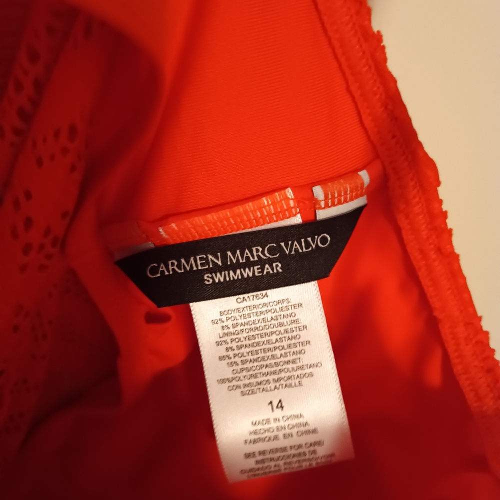 Carmen Marc Valvo Women's Crochet Mesh One-Piece Swimsuit, Persimmon/Red Size 14 - Picture 11 of 11